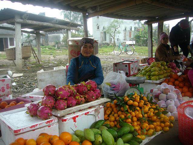 Une villageoise avec son stand des fruits